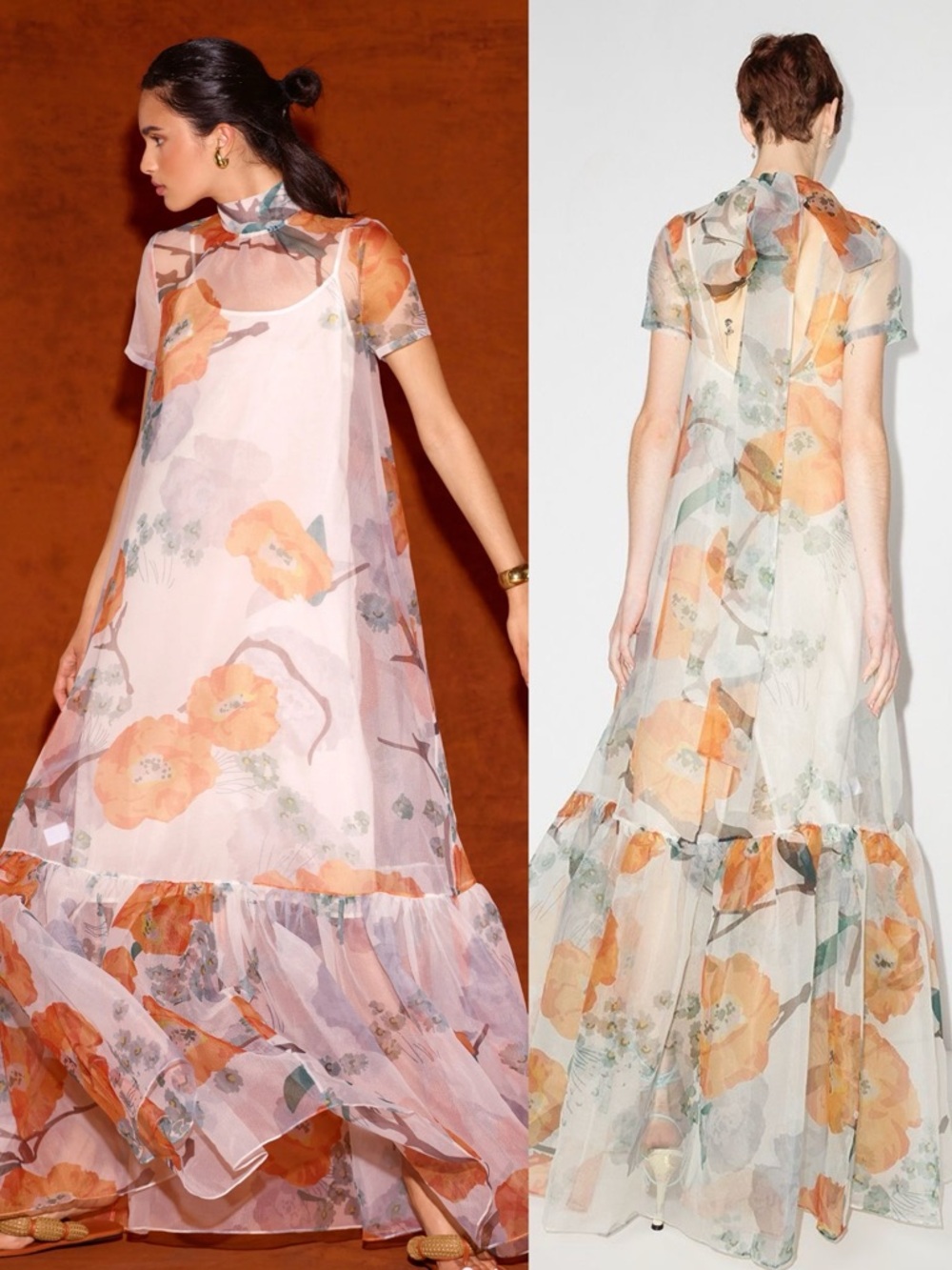 STAUD Calluna Poppy Floral Print Organza Tie Back Maxi Dress Detachable Slip